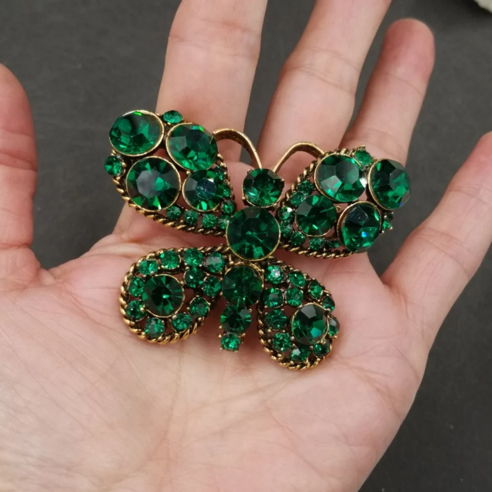 Vintage Hollycraft Green Rhinestone Butterfly Brooch